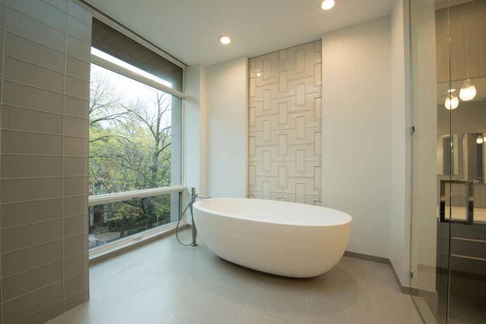 Example of a minimalist master ceramic tile porcelain tile and gray floor bathroom design in Chicago with flat-panel cabinets, dark wood cabinets and white countertops