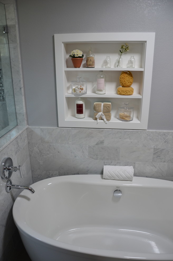 Inspiration for a medium sized classic ensuite bathroom in San Francisco with freestanding cabinets, grey cabinets, a freestanding bath, a corner shower, a two-piece toilet, grey tiles, ceramic tiles, grey walls and a submerged sink.