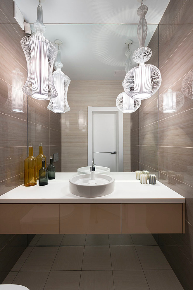 Contemporary bathroom in Other with a vessel sink and white worktops.