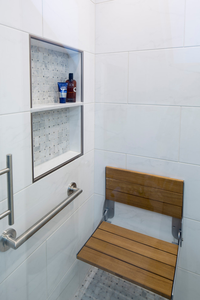 Example of a small transitional master white tile and porcelain tile porcelain tile bathroom design in New York with an undermount sink, flat-panel cabinets, gray cabinets, marble countertops, a one-piece toilet and blue walls