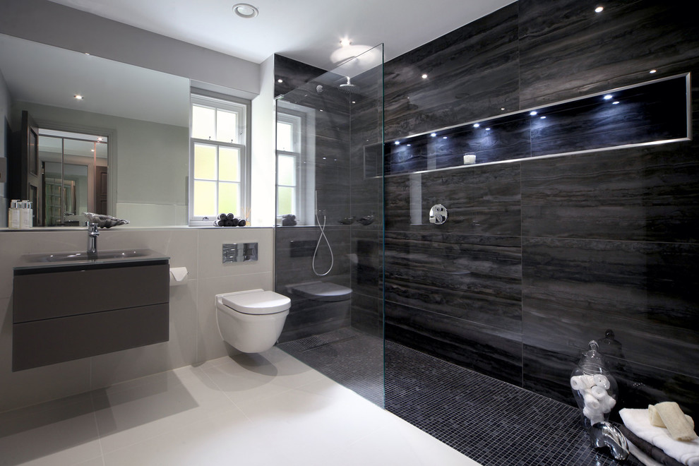 Свежая идея для дизайна: ванная комната среднего размера в современном стиле с монолитной раковиной, открытым душем, инсталляцией и душевой кабиной - отличное фото интерьера