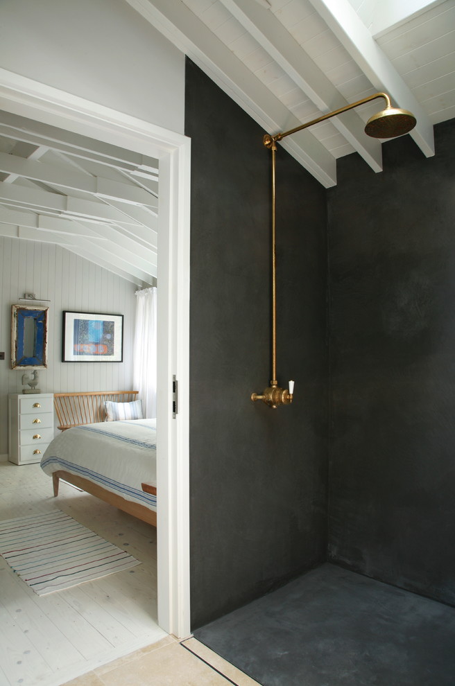 Freestanding bathtub - scandinavian freestanding bathtub idea in London with a vessel sink and gray walls