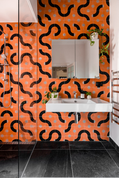 Orange Square Wall Tiles with Black Geometrical Patterns