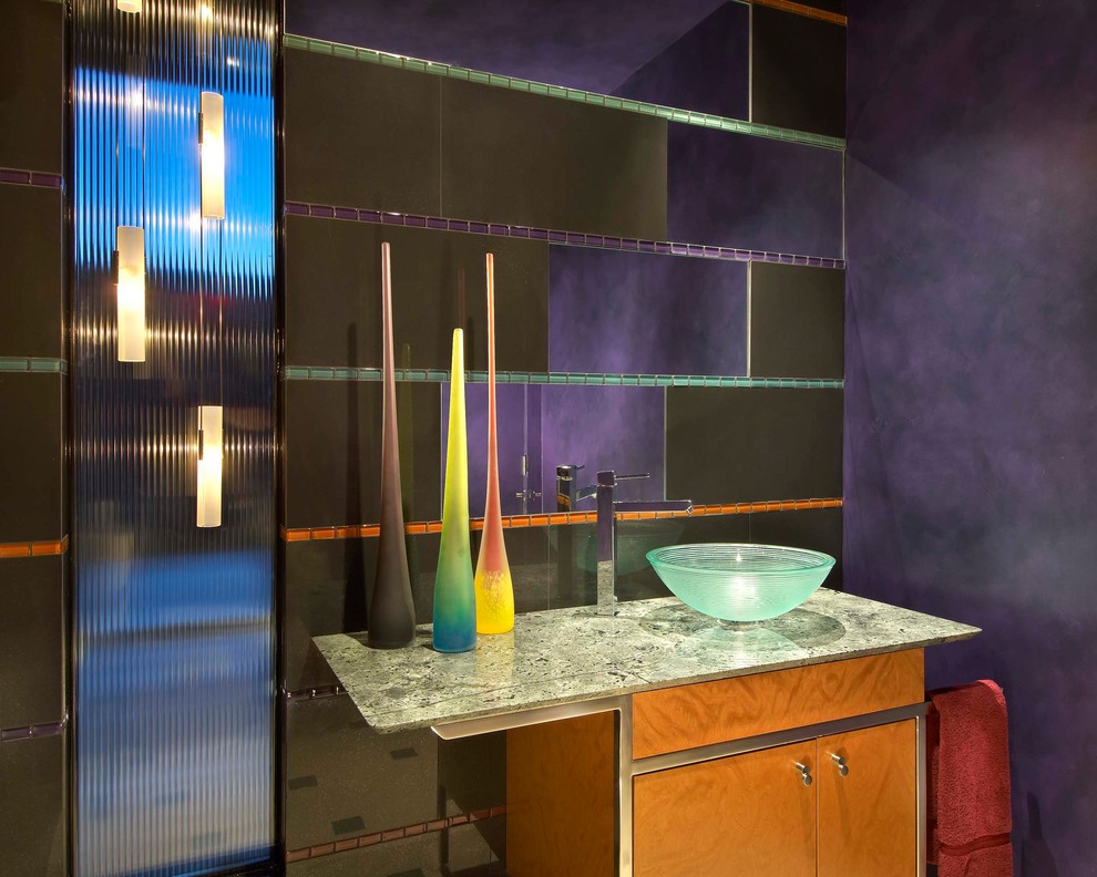 Inspiration for a modern bathroom in Phoenix with a vessel sink, flat-panel cabinets and purple walls.