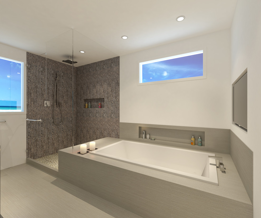 Idées déco pour une salle de bain principale moderne avec un placard à porte plane, des portes de placard grises, une baignoire posée, une douche d'angle et un mur blanc.
