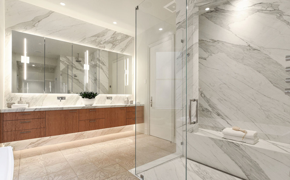 Calacatta Bathroom Vanity, Full Height Splash, Shower and Bench