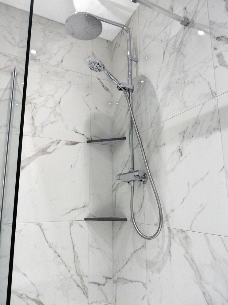 Photo of a medium sized contemporary bathroom in Other with white walls, quartz worktops, an open shower, white tiles, marble tiles, marble flooring and white floors.