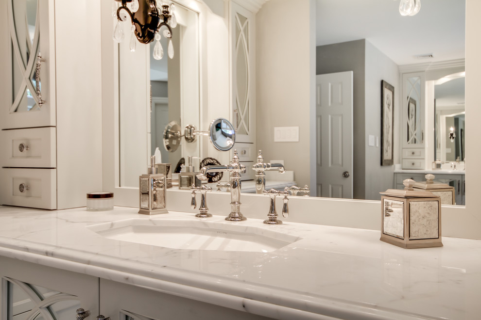 Large transitional master white tile and stone tile marble floor bathroom photo in Philadelphia with an undermount sink, recessed-panel cabinets, white cabinets, marble countertops and gray walls