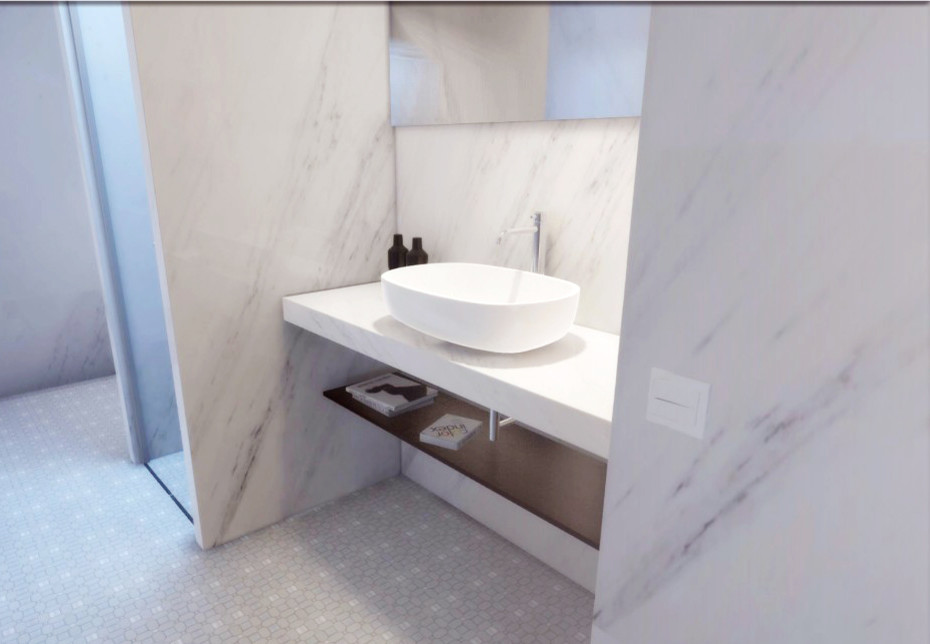 Idee per una stanza da bagno minimal con piastrelle di marmo e top in marmo