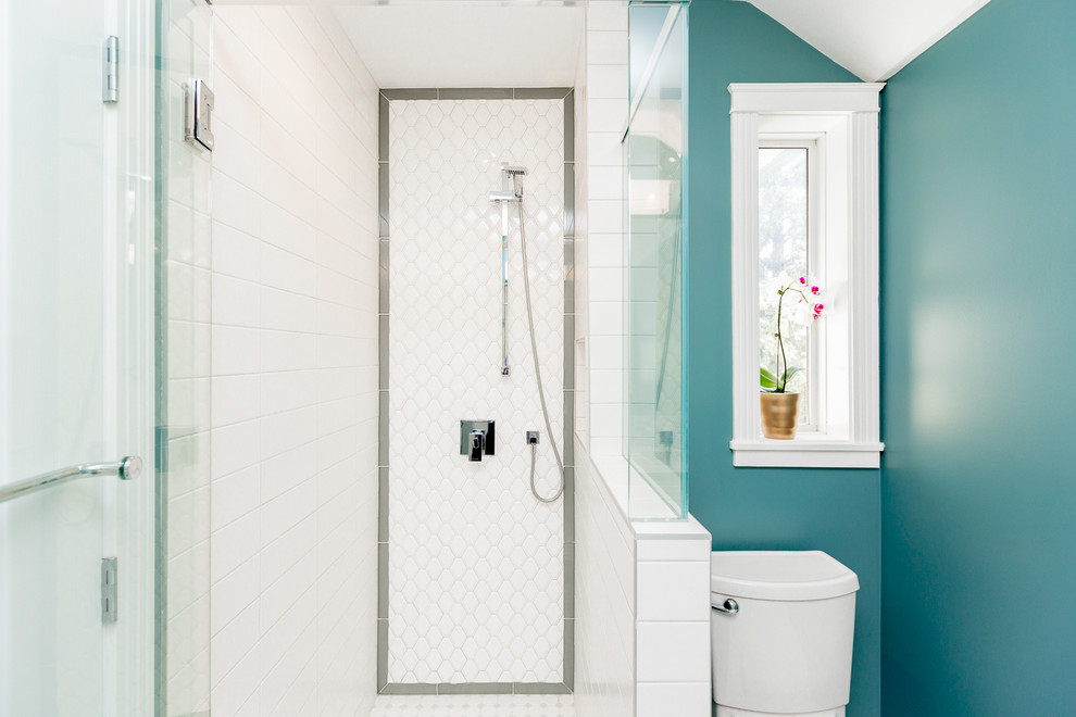 Medium sized classic shower room bathroom in Calgary with flat-panel cabinets, white cabinets, a corner shower, a two-piece toilet, mosaic tiles, green walls, lino flooring and granite worktops.