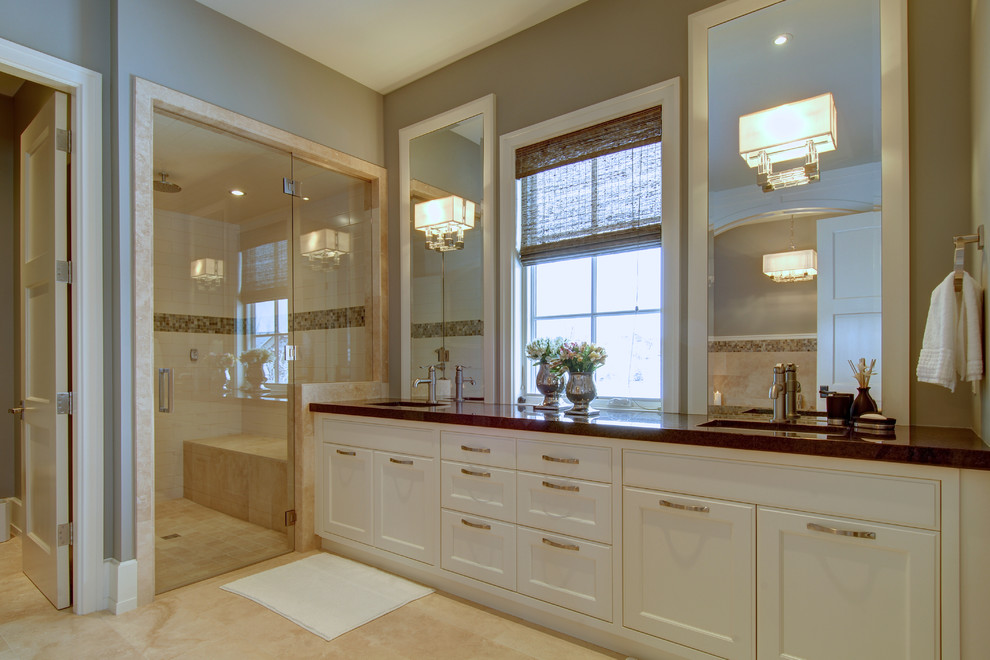 Example of a classic alcove shower design in Calgary with recessed-panel cabinets and white cabinets