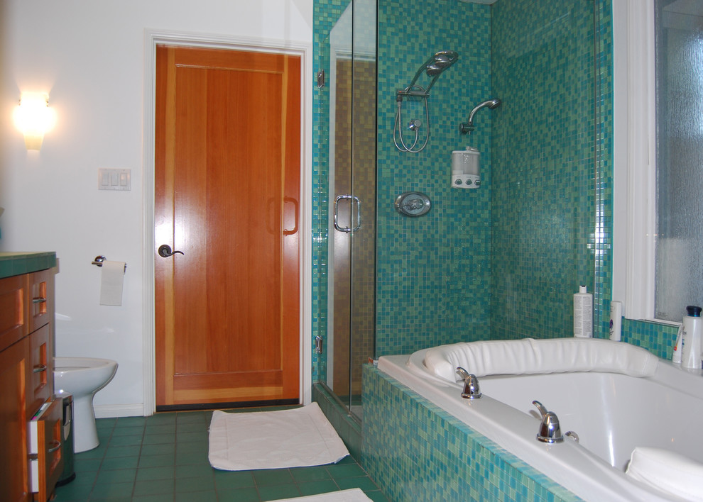 Inspiration for a medium sized classic shower room bathroom in Los Angeles with shaker cabinets, dark wood cabinets, a built-in bath, a corner shower, blue tiles, green tiles, mosaic tiles, white walls, ceramic flooring, engineered stone worktops, green floors and a hinged door.
