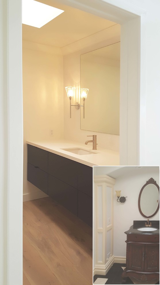 На фото: ванная комната среднего размера в современном стиле с плоскими фасадами, коричневыми фасадами, белыми стенами, врезной раковиной, столешницей из искусственного кварца, светлым паркетным полом, душевой кабиной и коричневым полом