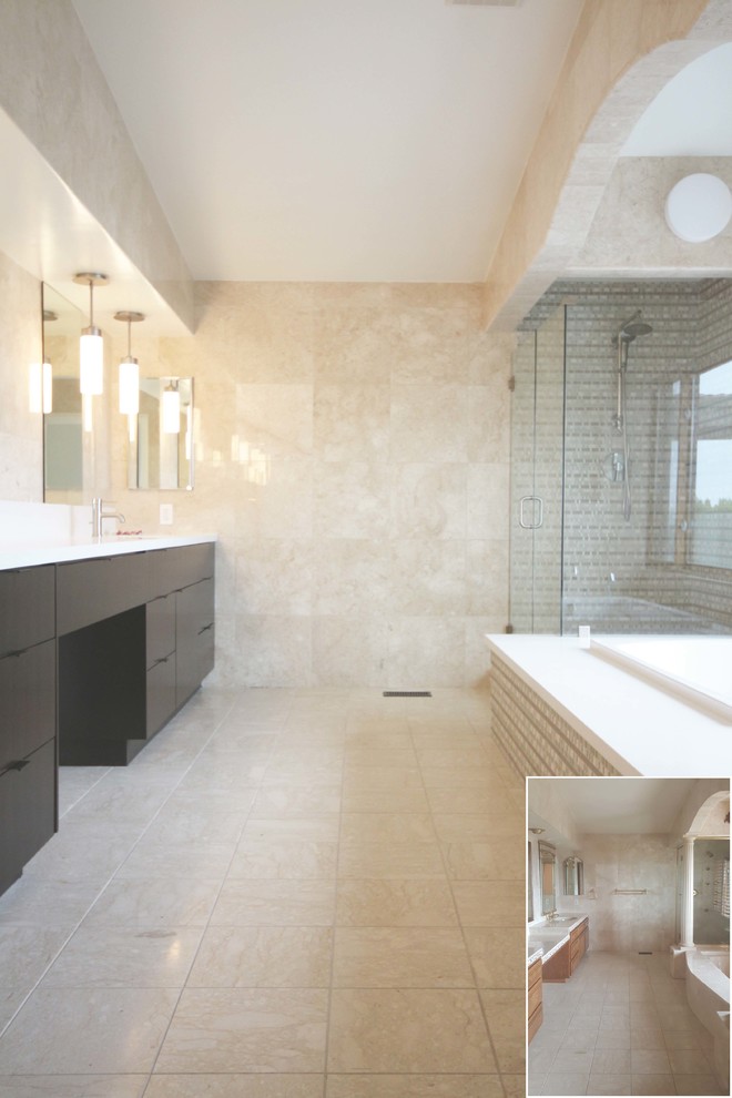 На фото: главная ванная комната среднего размера в современном стиле с плоскими фасадами, коричневыми фасадами, накладной ванной, душем в нише, унитазом-моноблоком, белой плиткой, керамической плиткой, белыми стенами, полом из керамической плитки, врезной раковиной, столешницей из искусственного кварца, белым полом и душем с распашными дверями с