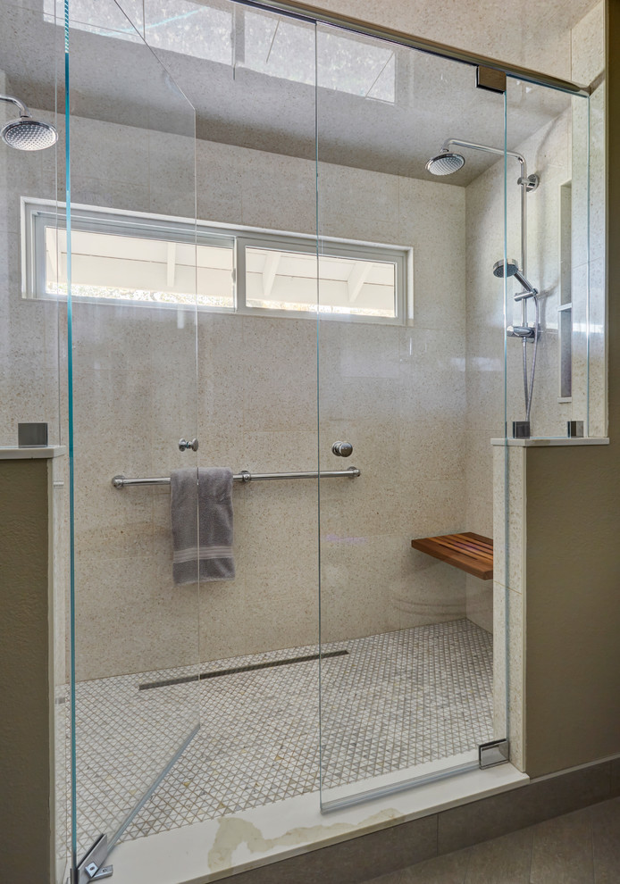 Large transitional master white tile and porcelain tile porcelain tile and gray floor double shower photo in San Francisco with a bidet, gray walls, quartz countertops, a hinged shower door and white countertops
