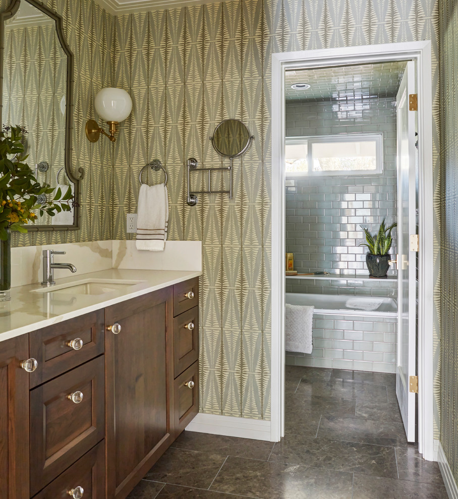 Example of a large transitional kids' green tile and ceramic tile marble floor and gray floor bathroom design in San Francisco with flat-panel cabinets, dark wood cabinets, a two-piece toilet, green walls, an undermount sink, quartz countertops, a hinged shower door and white countertops