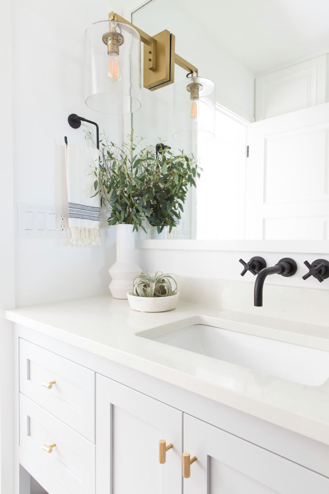 Example of a trendy single-sink bathroom design in San Francisco with quartzite countertops, white countertops and a freestanding vanity