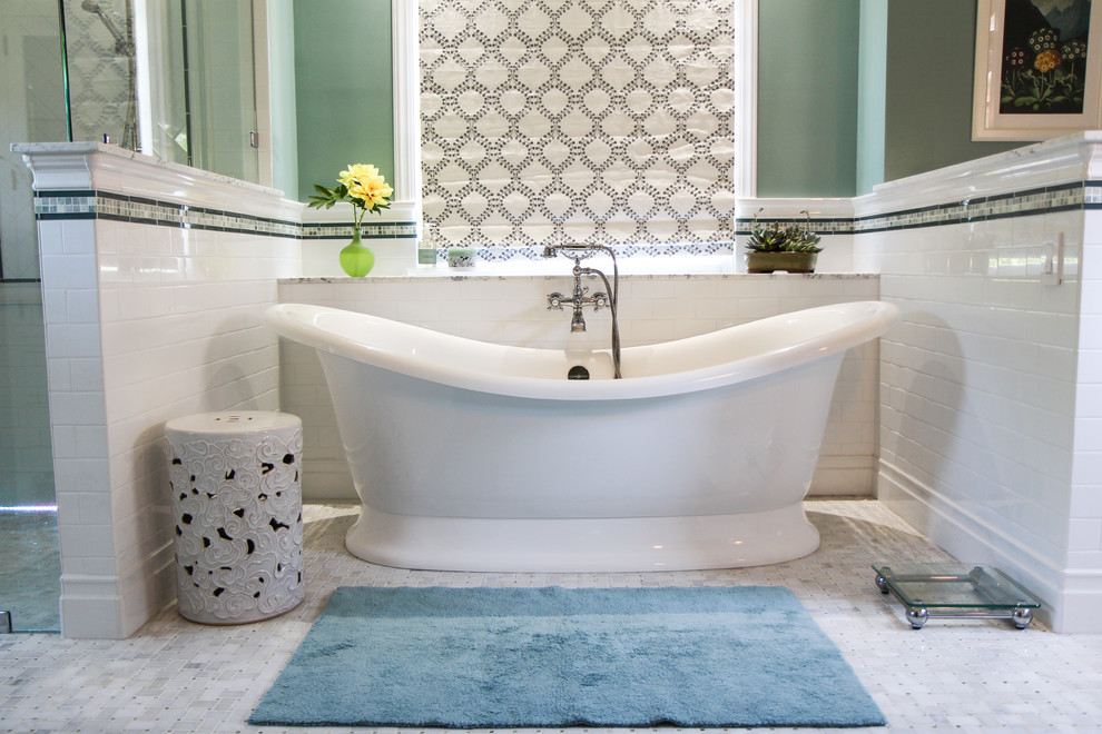 Bathroom - mid-sized transitional master white tile marble floor bathroom idea in Atlanta