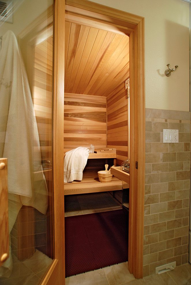 Medium sized traditional sauna bathroom in Portland with shaker cabinets, medium wood cabinets, a one-piece toilet, grey tiles, stone tiles, beige walls, porcelain flooring, a submerged sink and granite worktops.