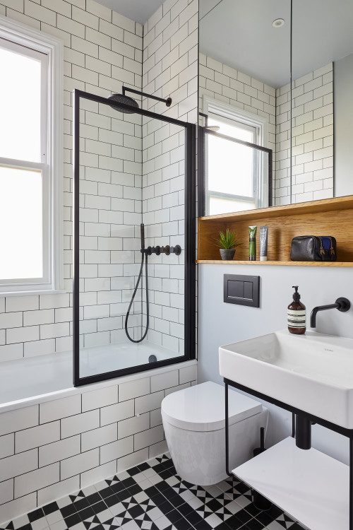 Black and White Bathroom with Chevron Pattern Tiles