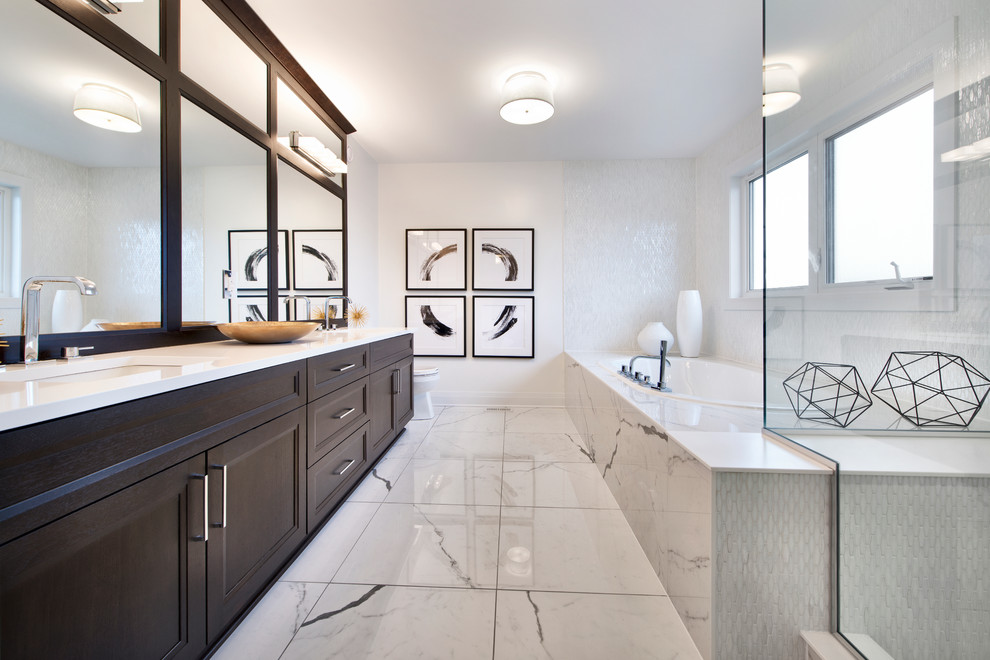 Medium sized contemporary ensuite bathroom in Ottawa with shaker cabinets, dark wood cabinets, a built-in bath, an alcove shower, a two-piece toilet, white tiles, ceramic tiles, white walls, ceramic flooring, a submerged sink and quartz worktops.