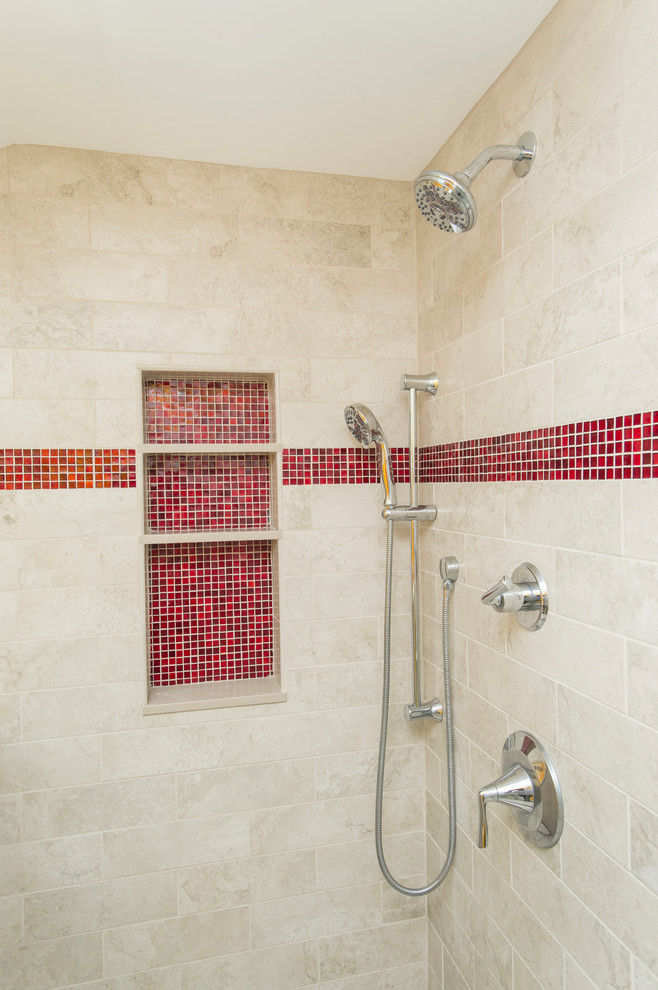 Photo of a small contemporary shower room bathroom in Boston with a corner shower, a two-piece toilet, beige tiles, ceramic tiles, yellow walls, ceramic flooring and a console sink.