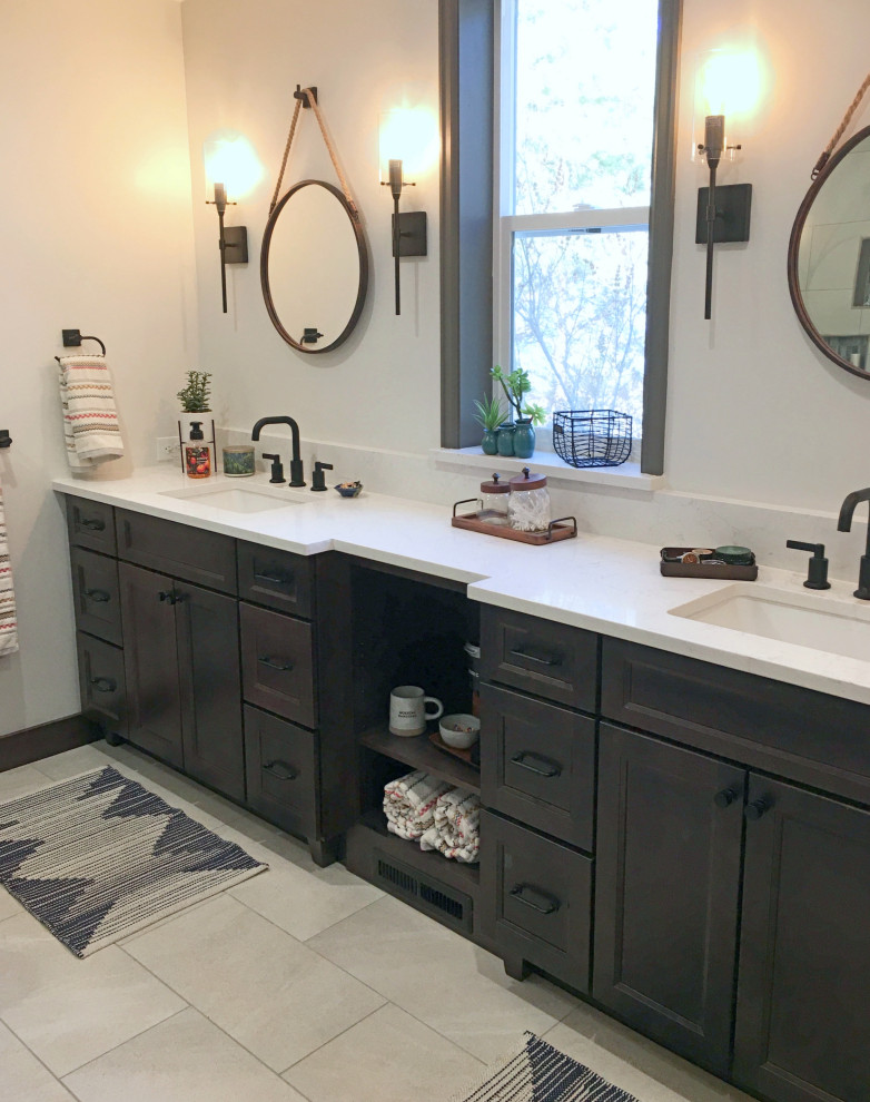 This is an example of a medium sized classic ensuite bathroom in Denver with recessed-panel cabinets, dark wood cabinets, a built-in shower, a submerged sink, engineered stone worktops, a hinged door and white worktops.