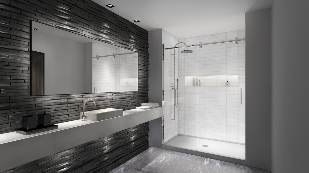 Cette image montre une douche en alcôve principale minimaliste de taille moyenne avec un lavabo de ferme, un plan de toilette en calcaire, un carrelage gris, des dalles de pierre, un mur blanc et un sol en calcaire.
