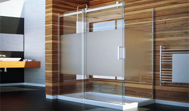 Ejemplo de cuarto de baño principal minimalista extra grande con ducha esquinera, paredes marrones, suelo de cemento, lavabo sobreencimera y encimera de madera