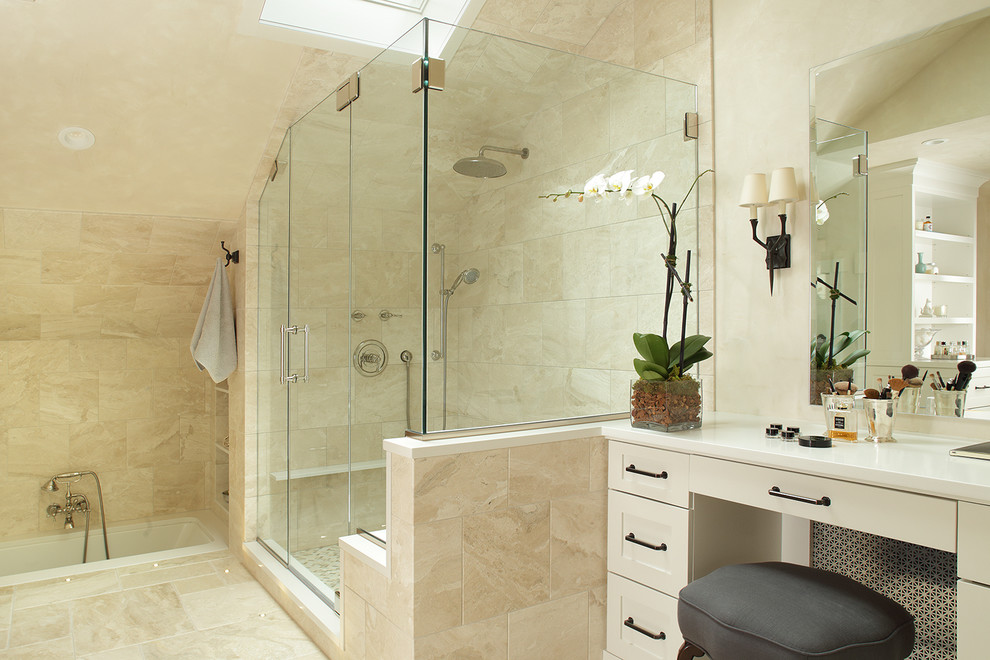Large traditional ensuite bathroom in New York with recessed-panel cabinets, white cabinets, a built-in bath, a corner shower, a two-piece toilet, beige tiles, stone tiles, beige walls, travertine flooring, a submerged sink and engineered stone worktops.