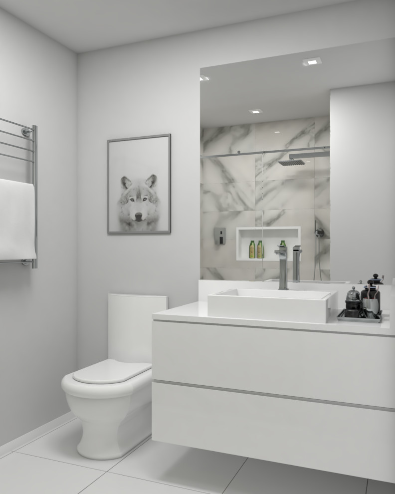 Exemple d'une petite salle de bain tendance pour enfant avec un placard à porte shaker, des portes de placard blanches, un carrelage gris, des carreaux de porcelaine, un plan de toilette en quartz, un plan de toilette blanc, meuble simple vasque et meuble-lavabo suspendu.