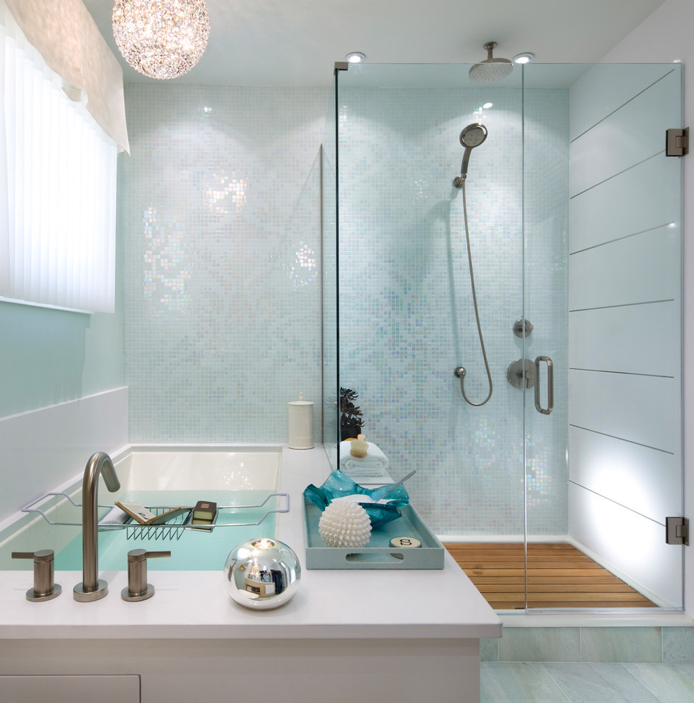 Design ideas for a contemporary bathroom in Toronto with mosaic tiles.