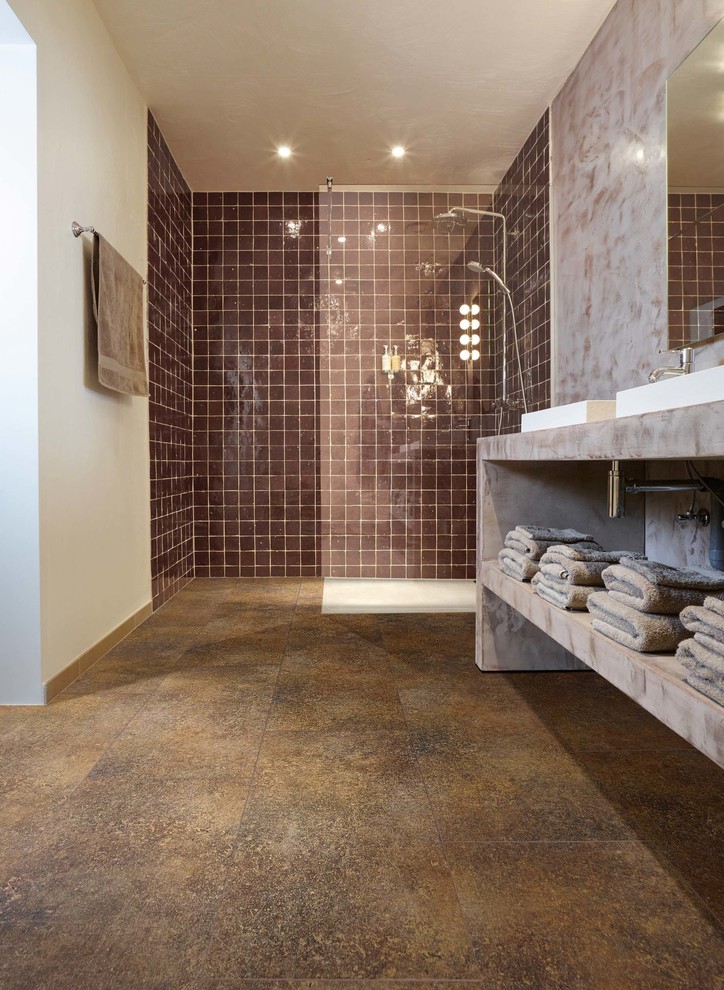 Photo of a contemporary bathroom in Other with vinyl flooring.