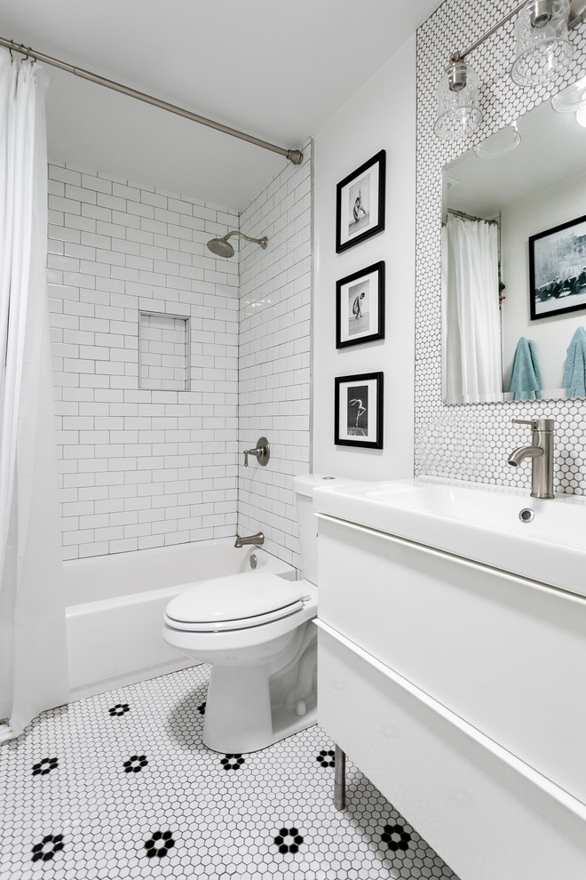 Photo of a contemporary shower room bathroom in Austin with flat-panel cabinets, white cabinets, a shower/bath combination, a two-piece toilet, white tiles, mosaic tiles, white walls, mosaic tile flooring, a console sink, white floors, a shower curtain and an alcove bath.
