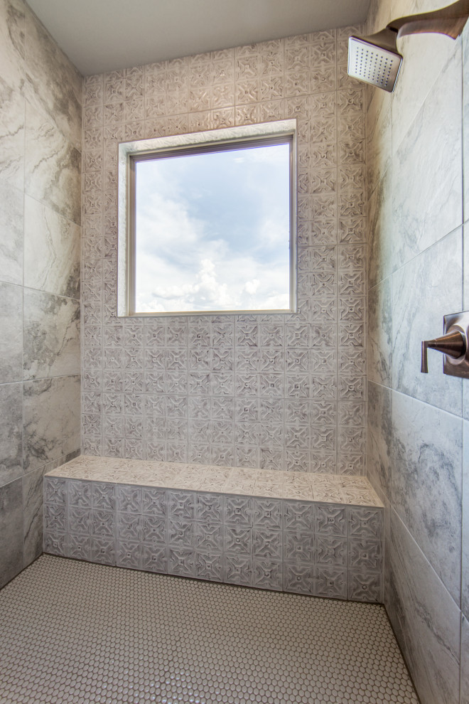 Inspiration for a large country master brown tile and porcelain tile porcelain tile and brown floor bathroom remodel in Austin with recessed-panel cabinets, white cabinets, a two-piece toilet, gray walls, an undermount sink, granite countertops and multicolored countertops