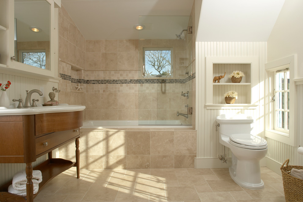 Design ideas for a large traditional ensuite bathroom in Boston with a console sink, a built-in bath and white walls.