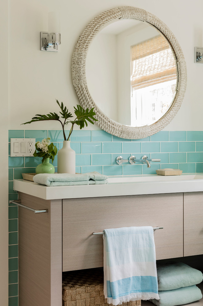 Beach style blue tile and subway tile bathroom photo in Boston with flat-panel cabinets, beige cabinets, beige walls, an undermount sink and white countertops