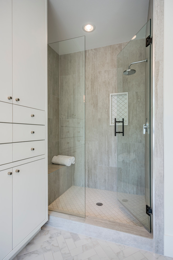 Large contemporary ensuite bathroom in Dallas with flat-panel cabinets, white cabinets, a submerged bath, a walk-in shower, white tiles, porcelain tiles, white walls, porcelain flooring, a submerged sink and quartz worktops.