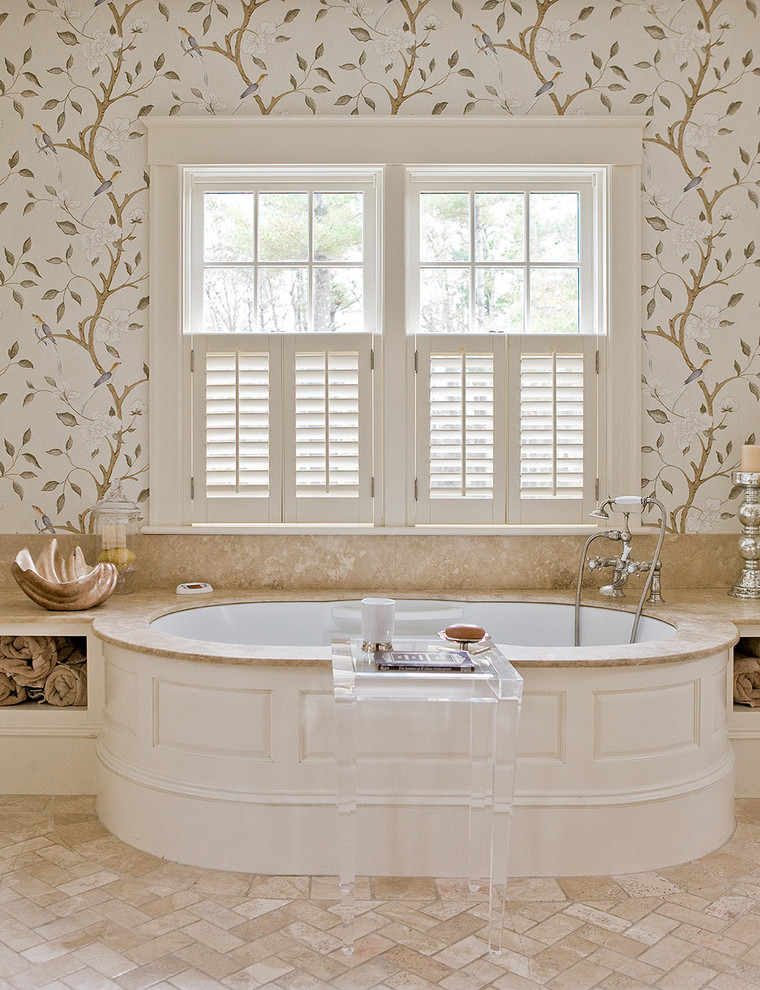 Drop-in bathtub - mid-sized victorian master ceramic tile ceramic tile drop-in bathtub idea in Boston with beige walls, granite countertops, white cabinets and raised-panel cabinets