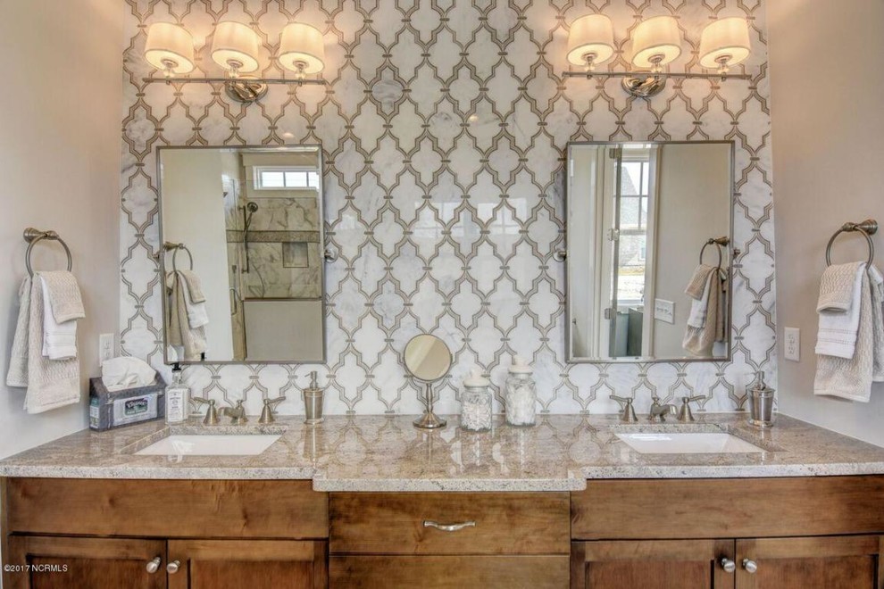Bathroom - large transitional master yellow tile and marble tile marble floor and white floor bathroom idea in Other with shaker cabinets, medium tone wood cabinets, a two-piece toilet, gray walls, an undermount sink, granite countertops and a hinged shower door