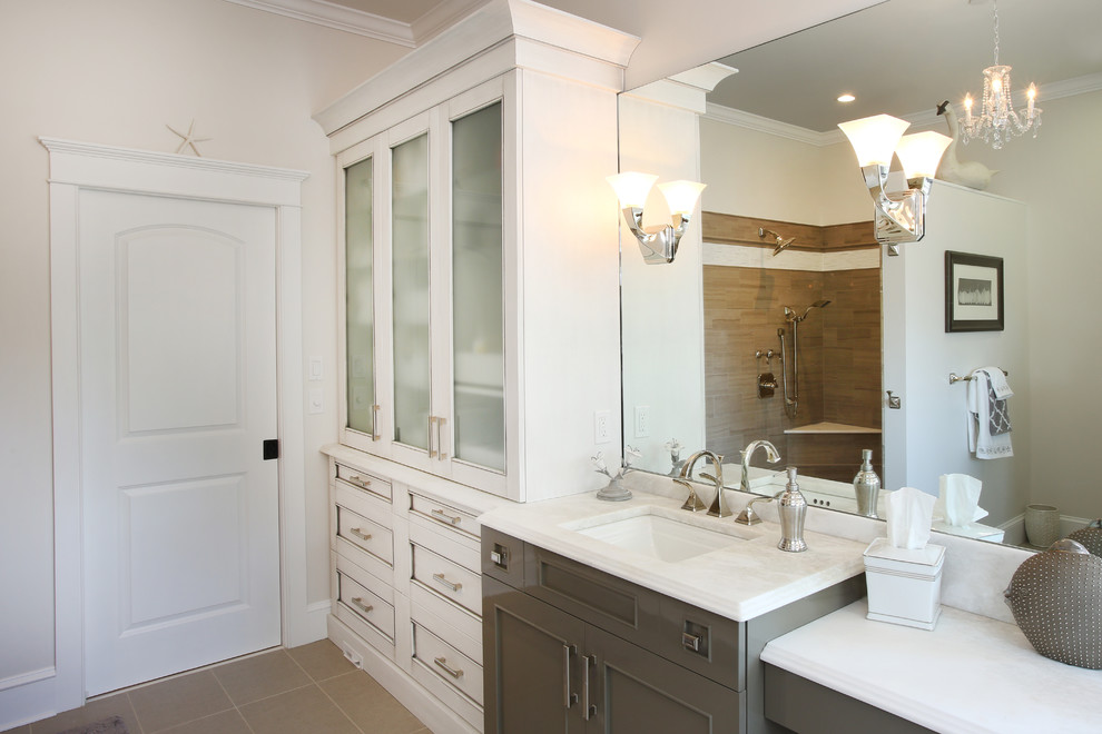 Inspiration for a large nautical ensuite bathroom in Philadelphia with recessed-panel cabinets, white cabinets, a walk-in shower, white walls, slate flooring, a submerged sink and quartz worktops.