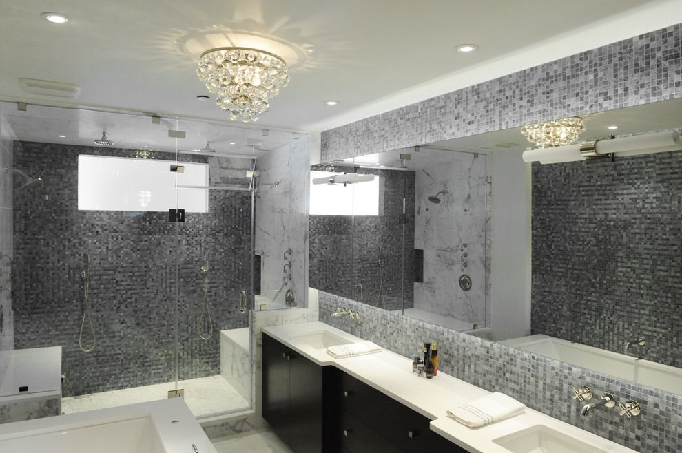 Example of a transitional master gray tile and mosaic tile bathroom design in DC Metro with an undermount sink, flat-panel cabinets, black cabinets, white walls and granite countertops