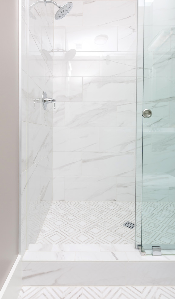 Medium sized coastal family bathroom in Charleston with shaker cabinets, grey cabinets, a corner shower, a two-piece toilet, multi-coloured tiles, porcelain tiles, beige walls, porcelain flooring, a submerged sink, engineered stone worktops, orange floors, a hinged door, white worktops, a shower bench, a single sink and a built in vanity unit.