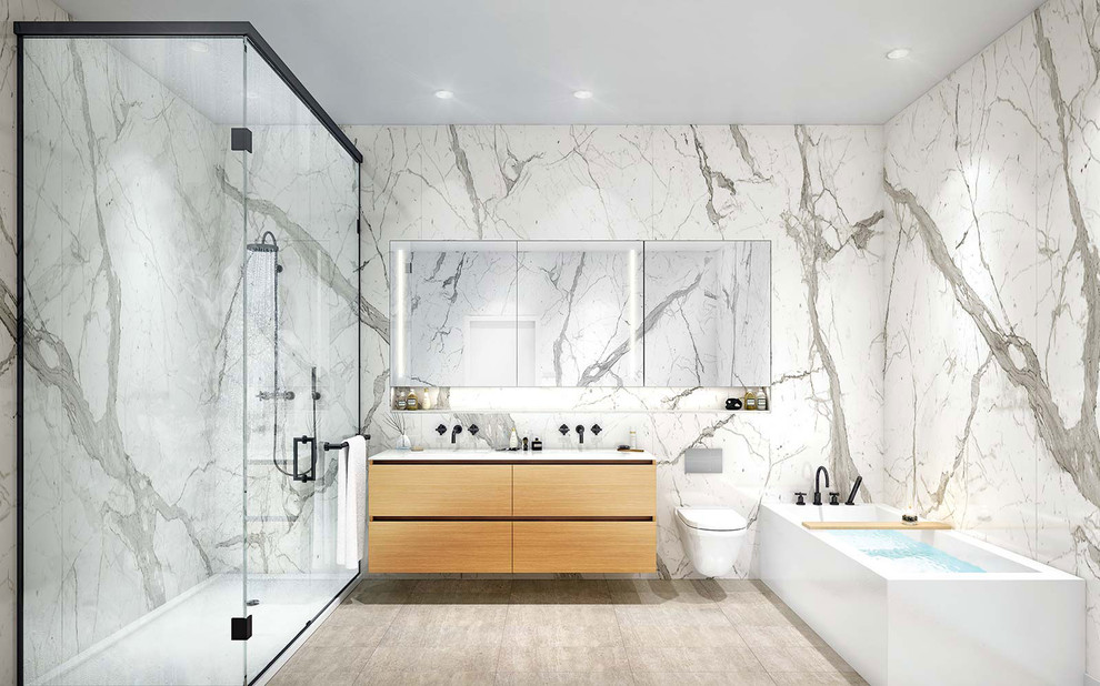 Inspiration for a large modern ensuite bathroom in Montreal with a freestanding bath, a corner shower, a one-piece toilet, white tiles and white walls.