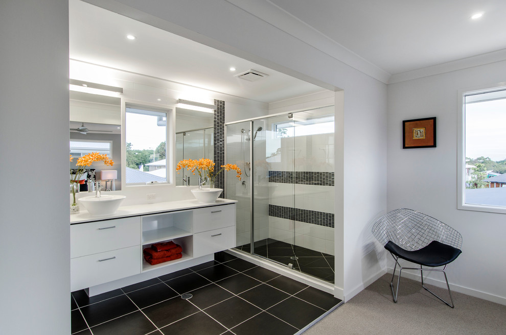 Medium sized contemporary ensuite bathroom in Brisbane with open cabinets, white cabinets, quartz worktops, an alcove shower, a one-piece toilet, brown tiles, ceramic tiles, white walls and ceramic flooring.