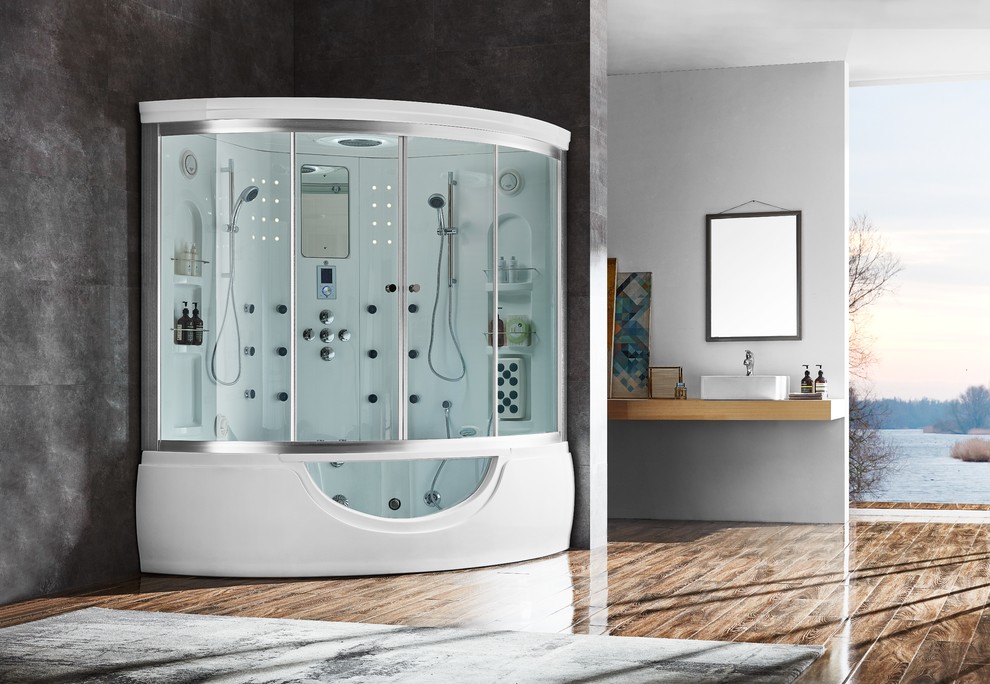 На фото: ванная комната в стиле модернизм с угловой ванной и угловым душем с