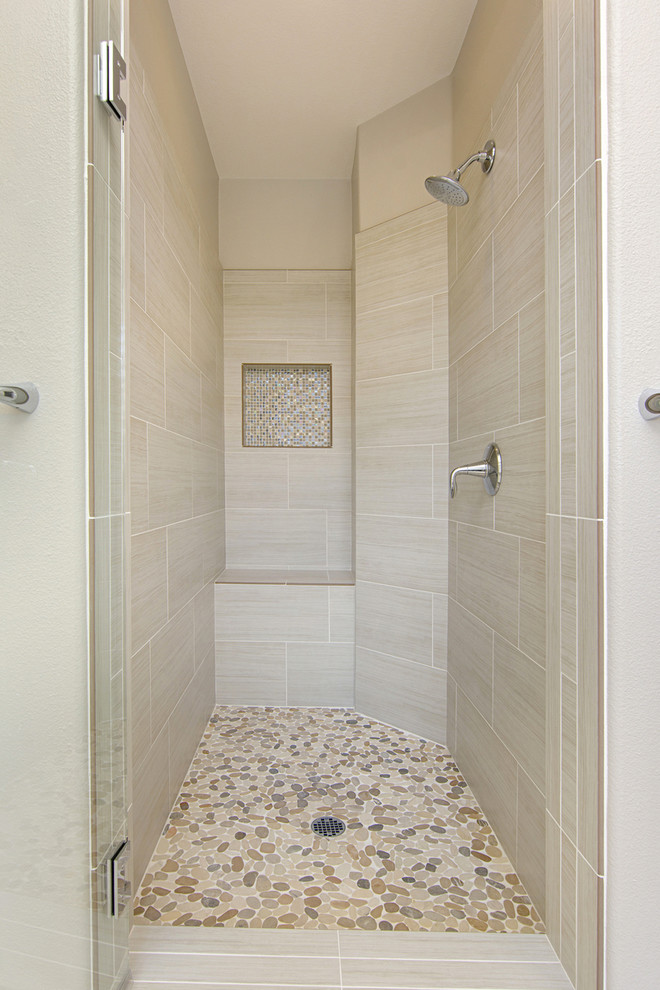 Example of a large minimalist master yellow tile and ceramic tile porcelain tile and gray floor bathroom design in San Diego with recessed-panel cabinets, white cabinets, a two-piece toilet, white walls, a drop-in sink, quartz countertops and a hinged shower door