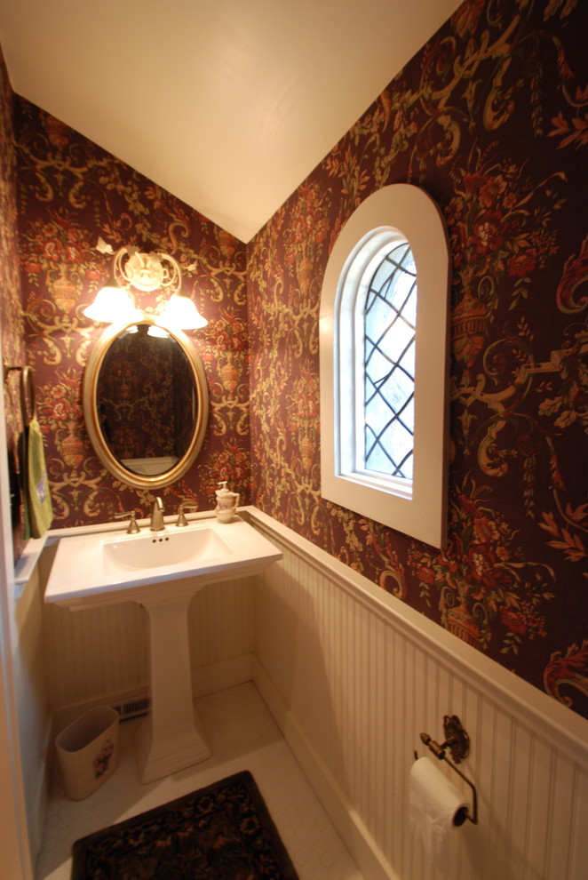 Inspiration for a traditional bathroom in San Francisco with a pedestal sink and multi-coloured walls.