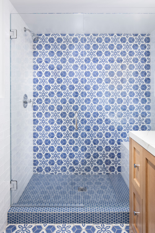 Floral Fantasy: Blue Walk-in Shower with Floral Patterned Hexagons in Blue Bathroom Ideas
