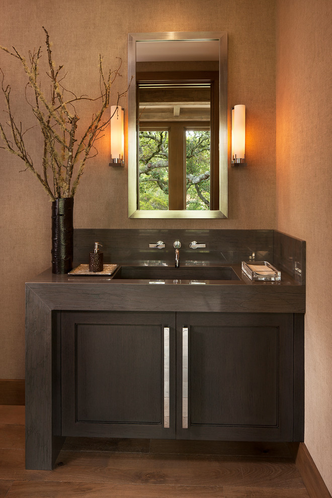 Design ideas for a medium sized rustic ensuite bathroom in San Francisco with flat-panel cabinets, dark wood cabinets, ceramic flooring and concrete worktops.